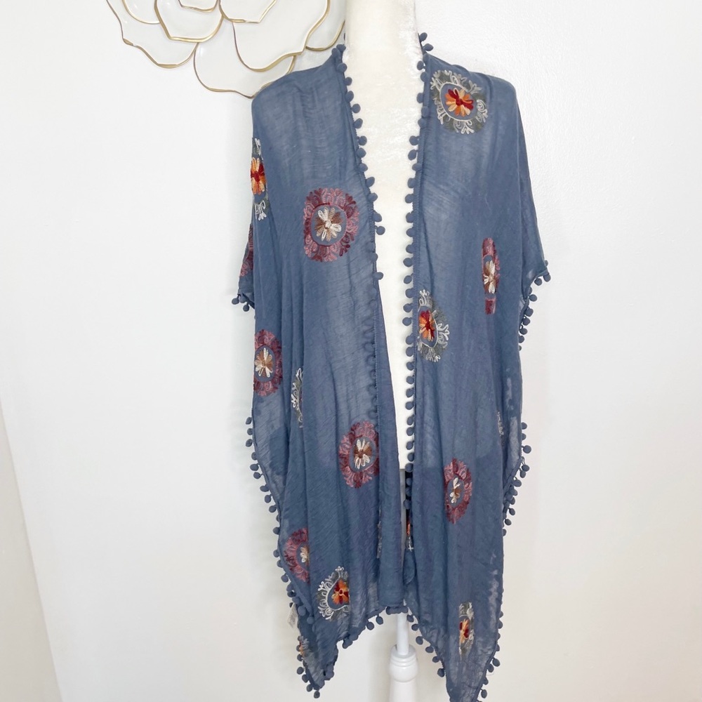 Do everything in love embroidered kimono with pom trim